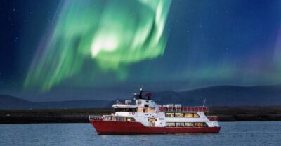 Reykjavík: Northern Lights Cruise - Reykjavík lights at sea: Harpa, Hallgrímskirkja, and the glow on the water